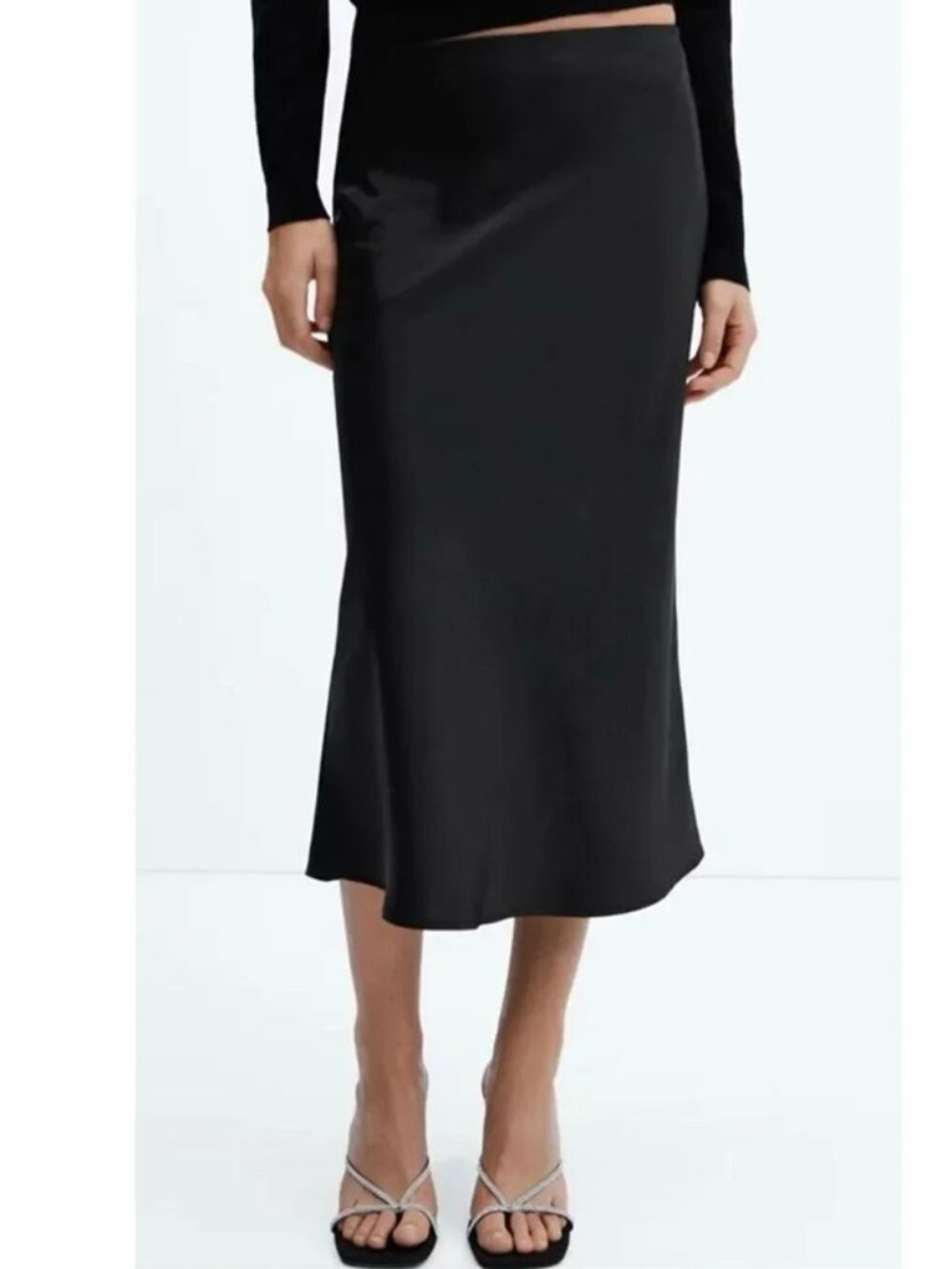Mango Satin Midi Skirt Black Slip Skirt Elastic Waist Bias cut Medium